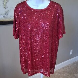 Anne Klein Red Sequin Short Sleeved Women's Top Size XL